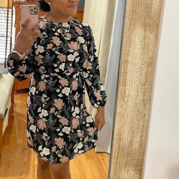 41 Hawthorn Black Floral Blouson Sheath Dress Petite XS Long Sleeve Pullover - Picture 1 of 6